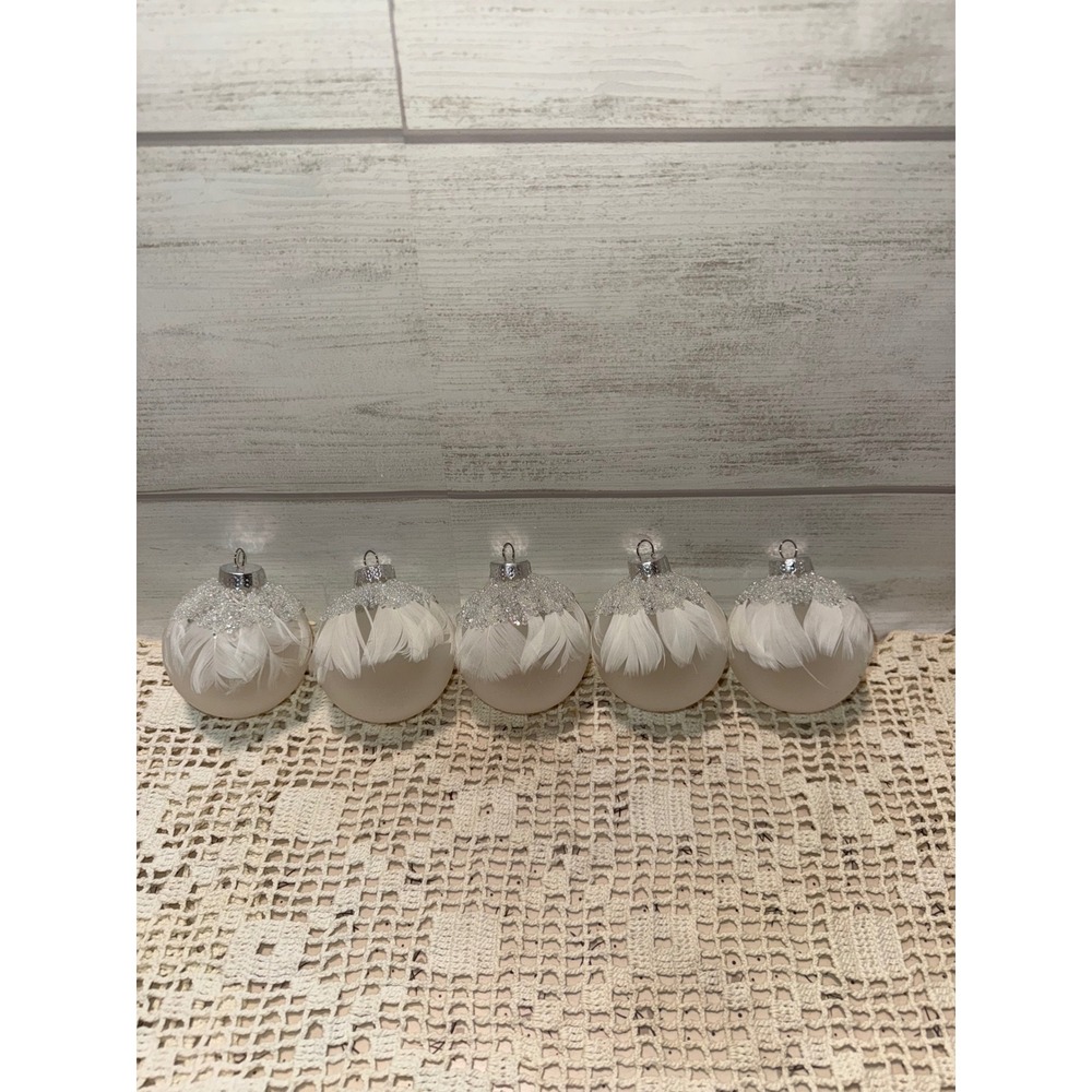 Frosted Glass Christmas Ornaments White Feathers Silver Beaded Set of 5 2.5 Inch